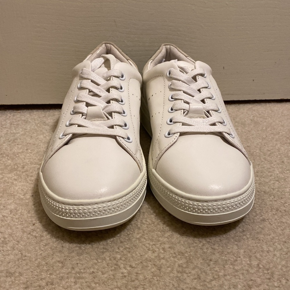 Lola Cruz White Leather Sneakers Silver Rhinestone Smile Wink Size 37 - Picture 3 of 14